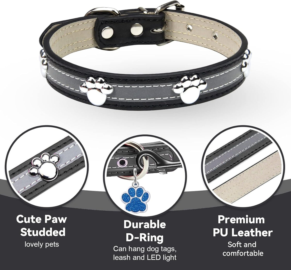 Reflective Leather Paw Print Collar