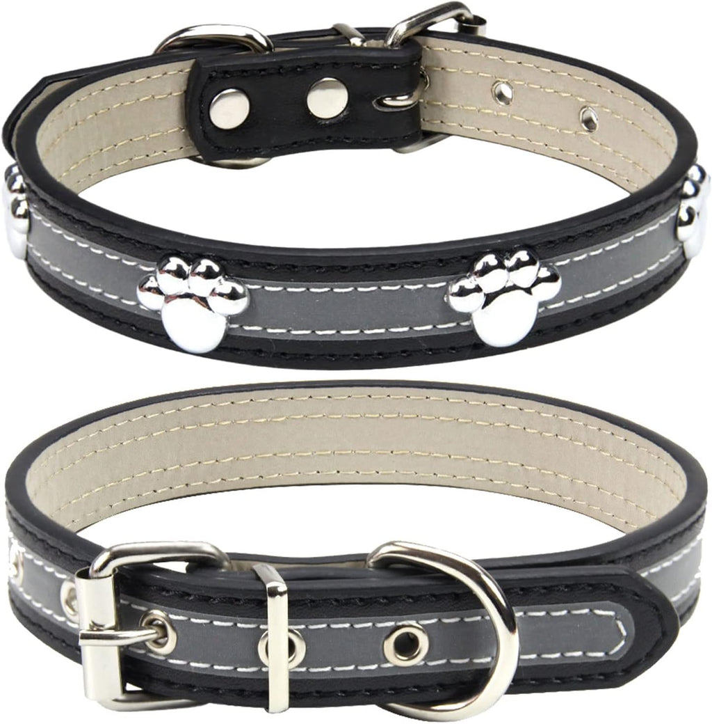 Reflective Leather Paw Print Collar