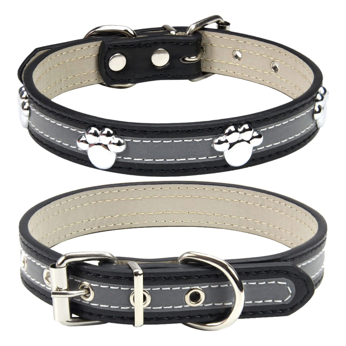 Reflective Leather Paw Print Collar
